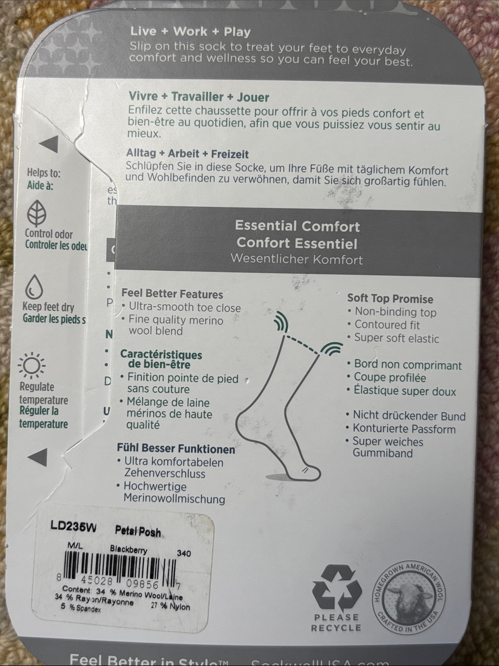 SockWell Essential Comfort Petal Posh BlackBerry Socks NWT women’s size M-L - Picture 6 of 8